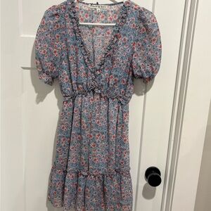 Blue Floral Ruffle V-Neck Dress